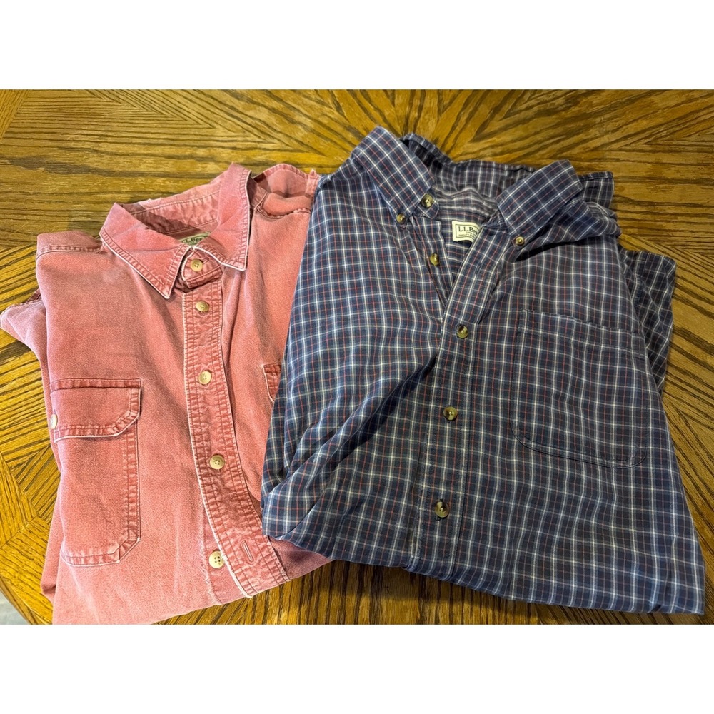 Lot of 2 LL Bean Mens XXL Tall short Sleeve Button Down Shirts Red Plaid Cotton
